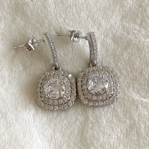 Diamond Halo Square Pendant Drop Dangle Earrings Bridal Wedding New - Picture 1 of 6